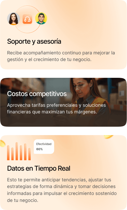Tres tarjetas de beneficios: soporte y asesoría, costos competitivos y datos en tiempo real con 60% de efectividad