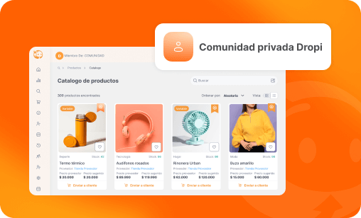 Catálogo de productos del panel de Dropi con el distintivo Comunidad privada Dropi y cuatro artículos con precios
