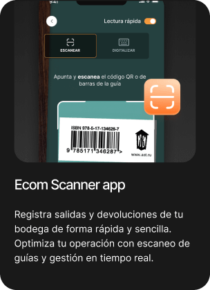 Tarjeta Ecom Scanner app: un celular escanea el código de barras de una guía para registrar salidas