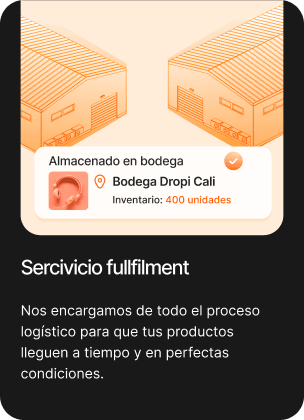 Tarjeta de servicio fulfillment: bodegas ilustradas con el rótulo Bodega Dropi Cali, inventario 400 unidades