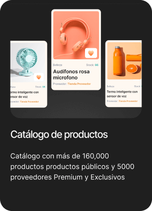 Tarjeta Catálogo de productos con fichas de audífonos rosados, un termo y un ventilador, cada una con su stock