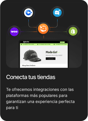 Conecta tus tiendas: ícono de Dropi enlazado con WooCommerce, Shopify y otros, sobre una tienda de gorras