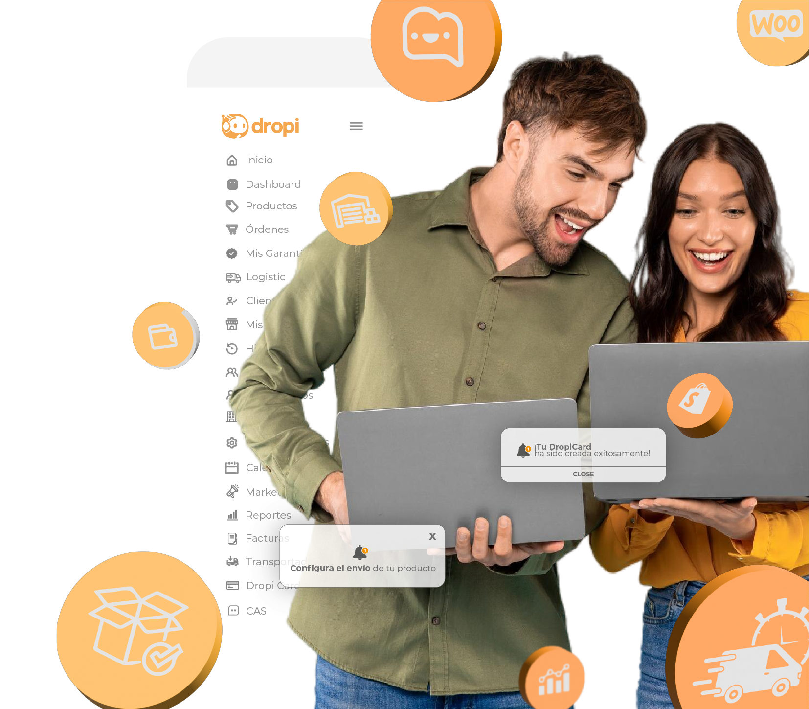 Dos emprendedores sonríen frente a sus portátiles junto al menú del panel de Dropi e iconos de Shopify y WooCommerce