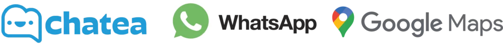 Logos de Chatea, WhatsApp y Google Maps, herramientas que se integran con la plataforma