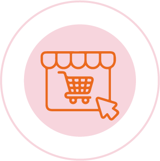 Ícono de una tienda en línea con carrito de compras y un cursor, dentro de un círculo rosado