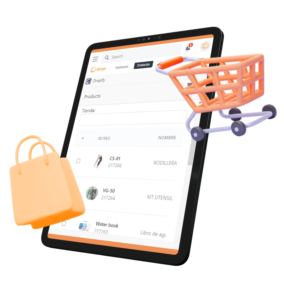 Tablet con el panel de Dropi en la sección Productos, mostrando la tabla de SKU y nombres, junto a un carrito 3D